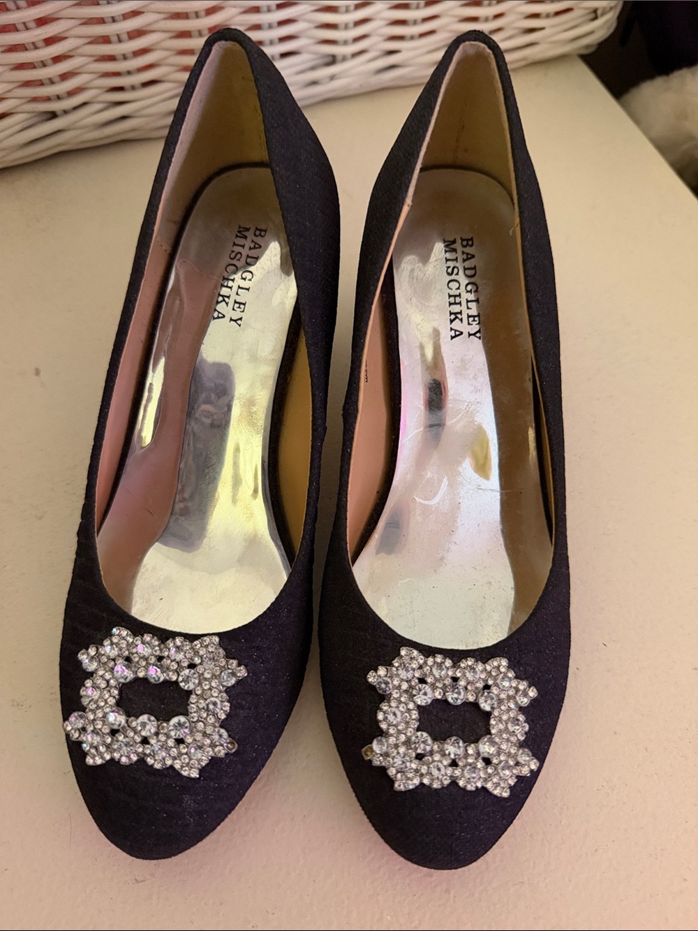 Badgley Mischka Black Crystal-Embellished Pointed Toe Pumps